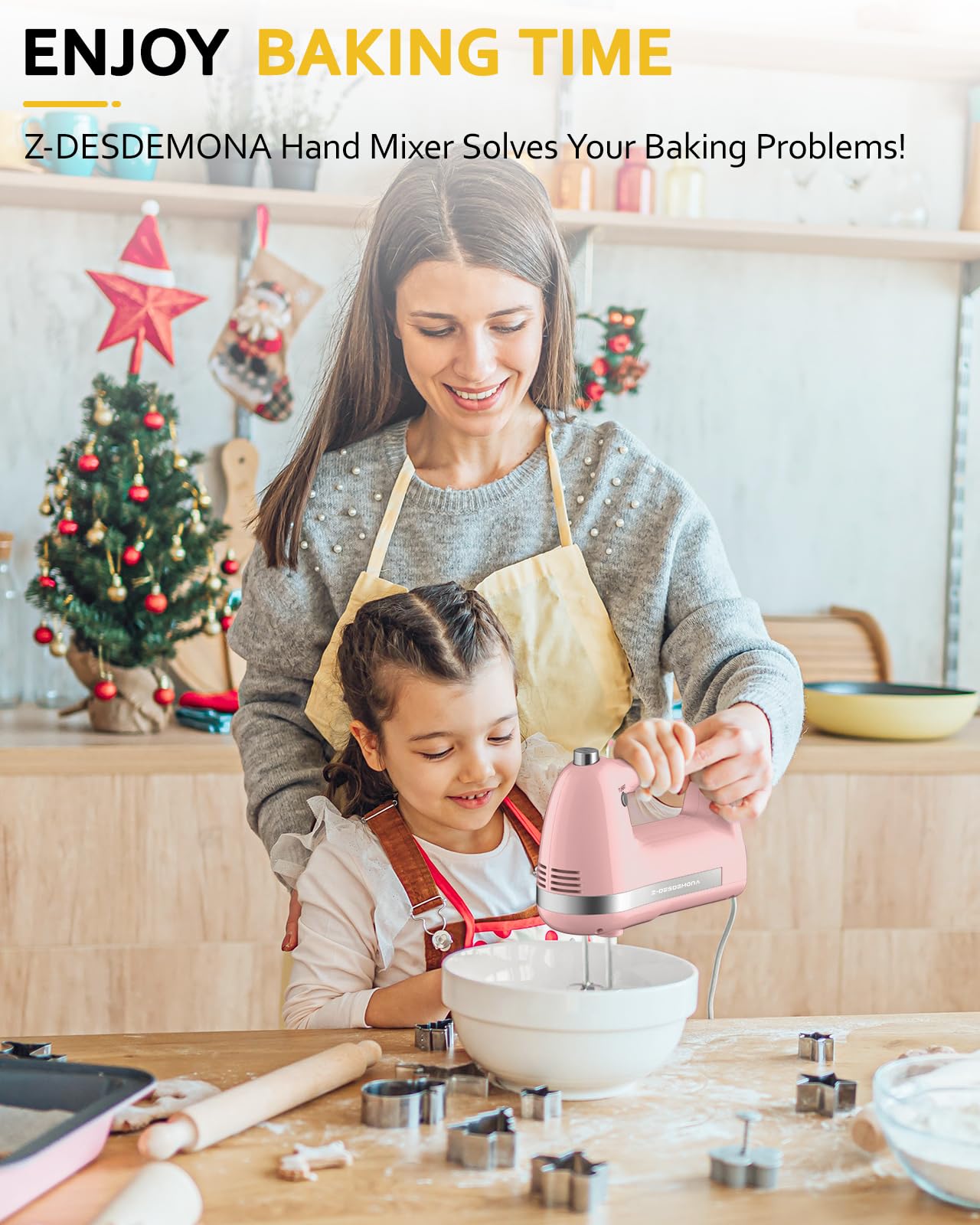 Z-DESDEMONA Electric Hand Mixer, Powerful Hand Mixer Electric Handheld with 304 Beaters, Dough Hook, Whisk, Hand Held Mixer with Turbo for Baking Cakes, Eggs, Cream Food(Pink)