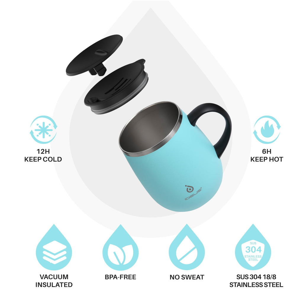 Ideus 16 oz (470 ml) Insulated Coffee Mug with Handle and Lid, Double Wall Stainless Steel Vacuum Thermal Coffee Mug, Travel Coffee Cup Thermal Cup for Home and Office (Sky Blue)