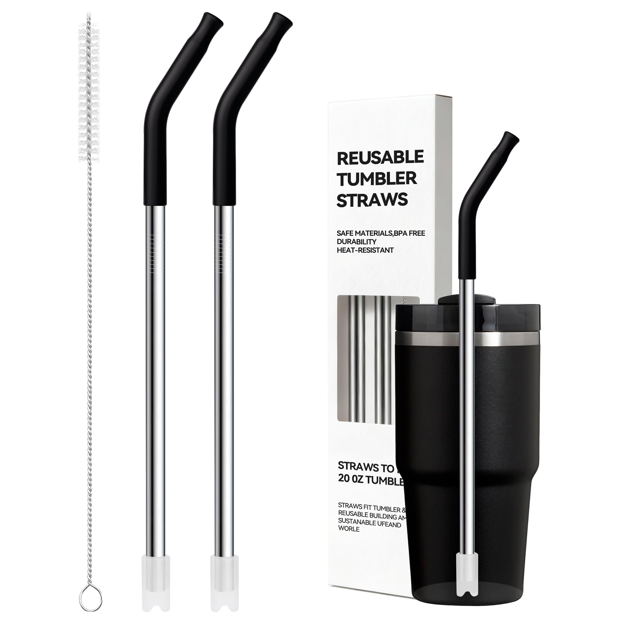 Metal Straws With Silicone Tip For Stanley Adventure Quencher H2.0 Tumbler 14 oz 20 oz, Short Straw Replacement Stainless Straws Reusable For STANLEY Cups 14oz,20 oz, Dishwasher Safe(Black)