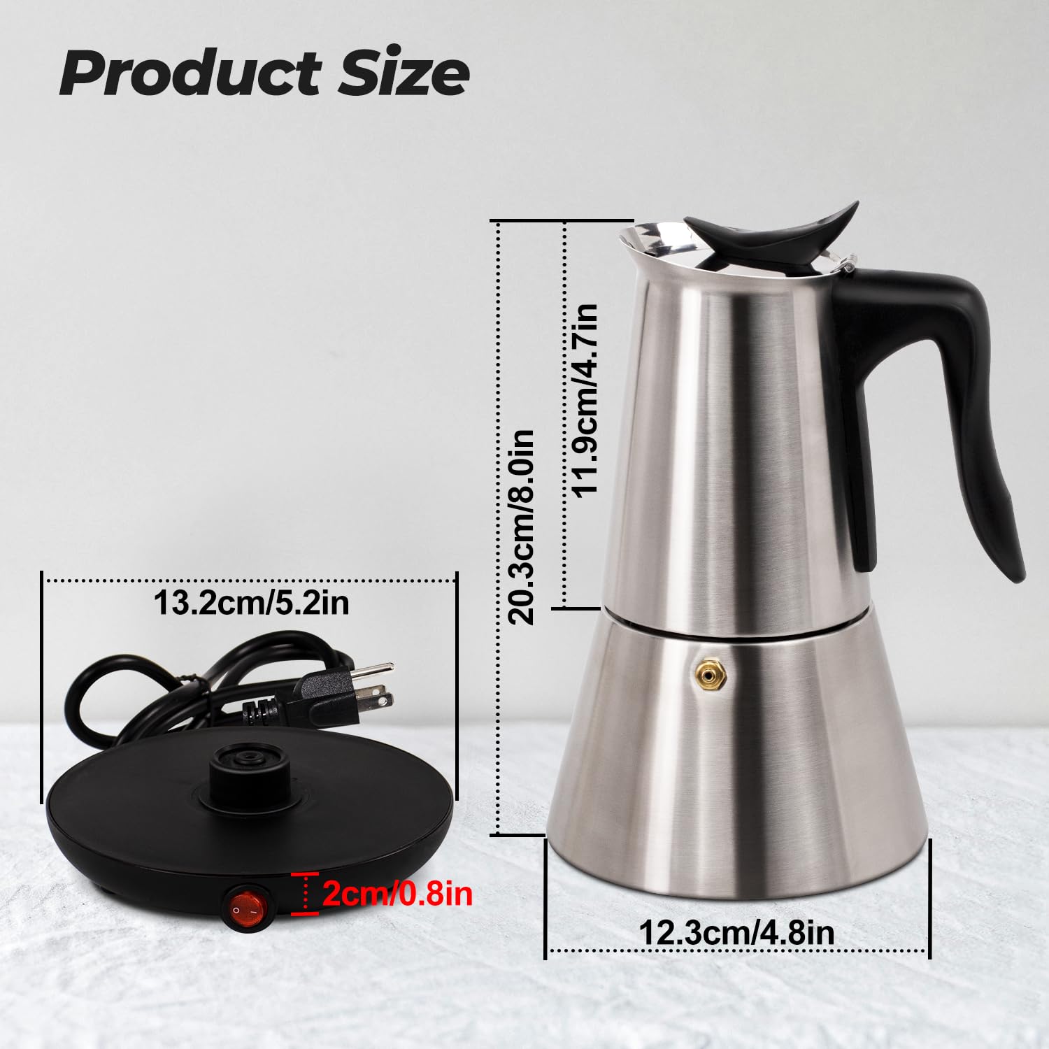Vaolvpant Electric Stainless Steel Moka Pot 6 Cup 300ml Mocha Pot