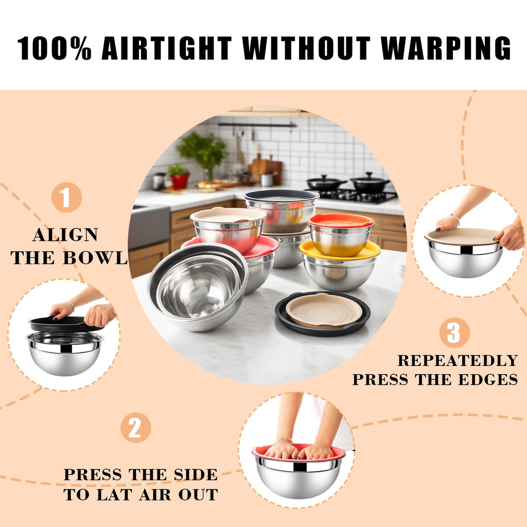Lazycorner Mixing Bowls with Airtight Lids Set 5 Pcs Stainless Steel Bowls Set Baking Set Non-Slip Silicone Bottoms Great for Serving & Baking