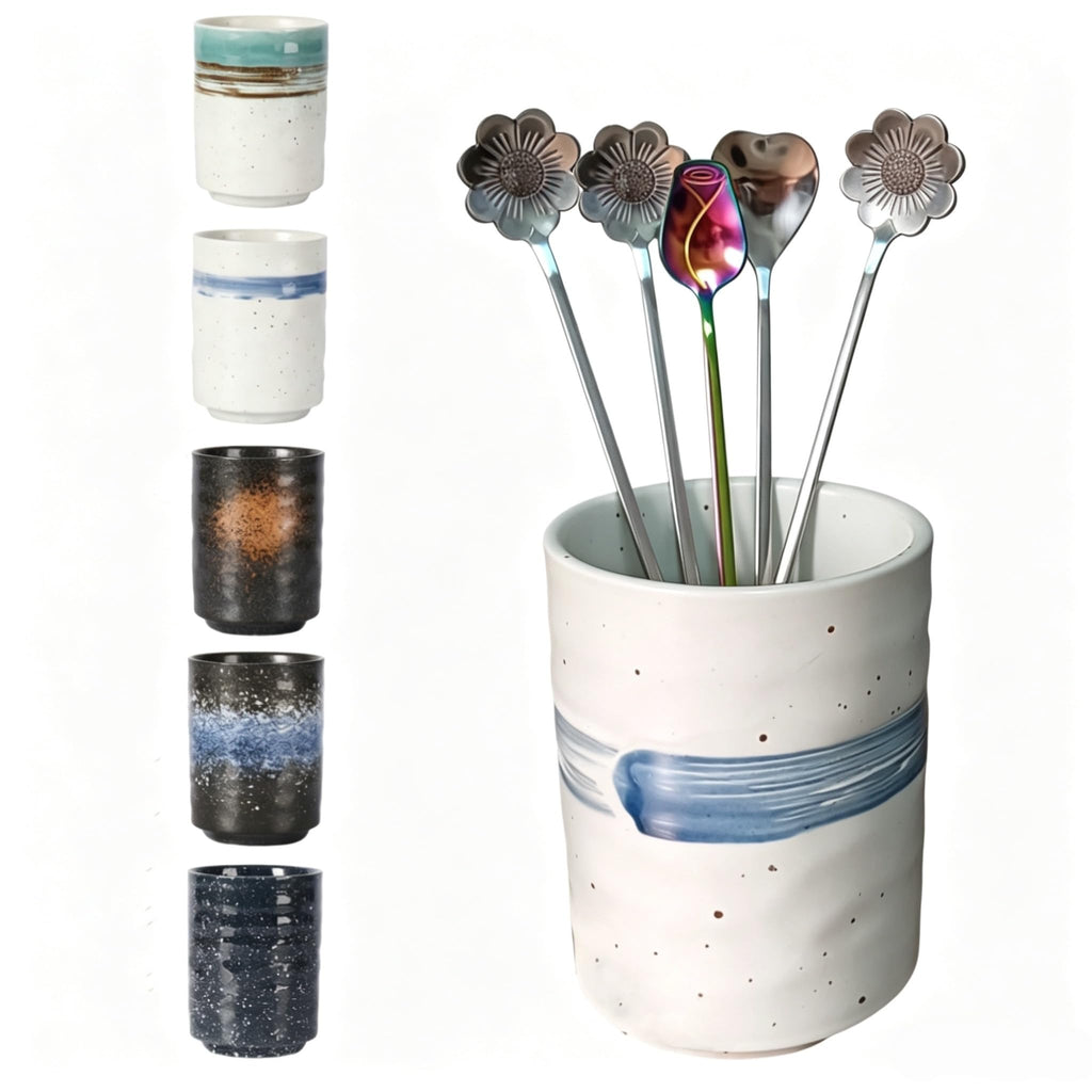 TOPYOKK Stoneware Coffee Bar Utensil Holder Tea & Coffee Spoon & Stirrer Holder for Stir Stick Straw Teaspoon Holder Espresso Spoon Cup Small Utensil Jar (Blue feather)