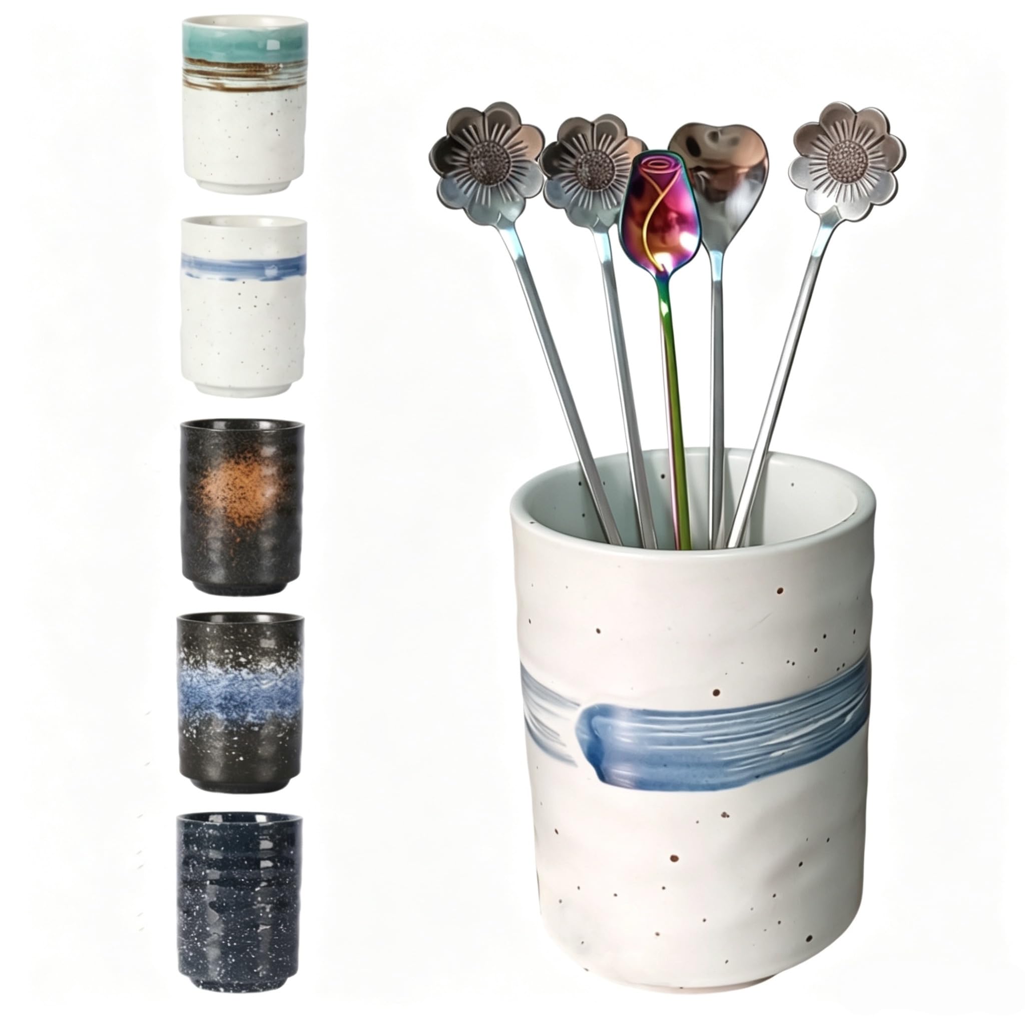 TOPYOKK Stoneware Coffee Bar Utensil Holder Tea & Coffee Spoon & Stirrer Holder for Stir Stick Straw Teaspoon Holder Espresso Spoon Cup Small Utensil Jar (Blue feather)