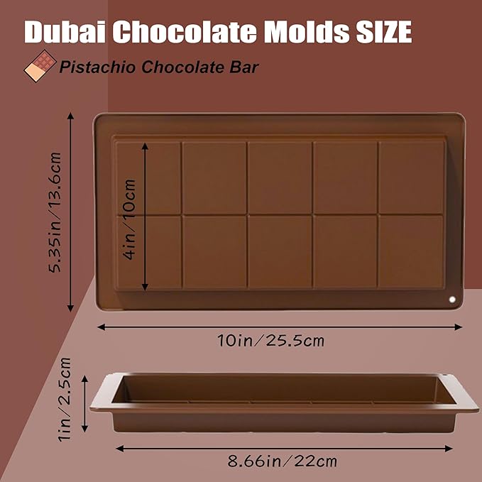 2 Pack Deep Chocolate Bar Molds Silicone,Large Stuffed Dubai Pistachio Deep Bar Moulds Kit 1 Inch Thick Big，for Homemade Making Bar Candy Bar Bpa Free DIY.