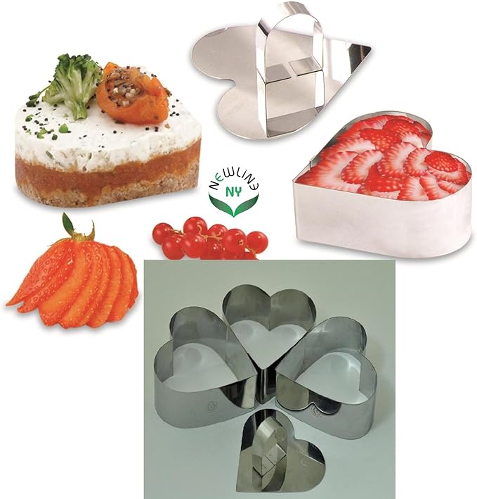 Newline NY Stainless Steel Dessert Rings (4 Pcs) Heart Shape Molded Salads, Pastries Mousse Molding Layering Cutter
