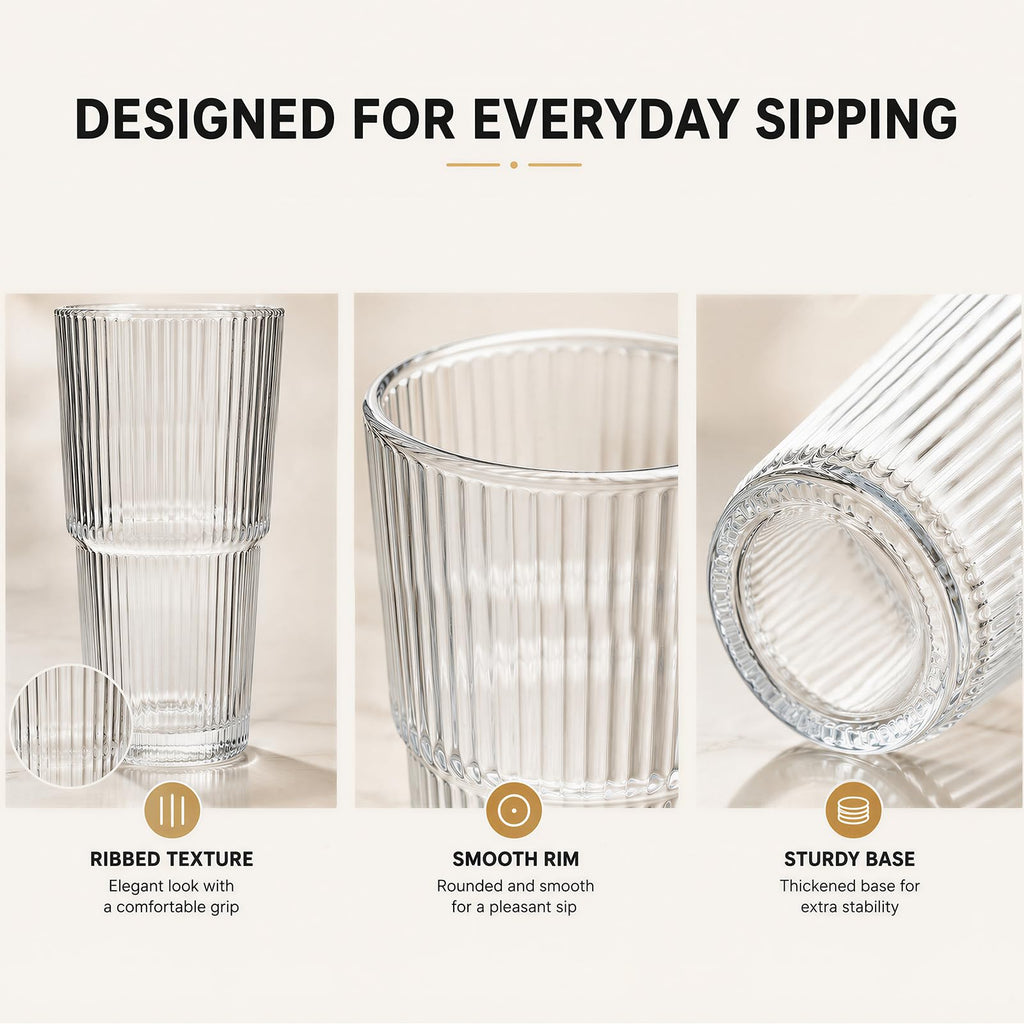 Salpae 20oz Iced Coffee Cups with Lids and Straws, Ribbed Glass Tumblers