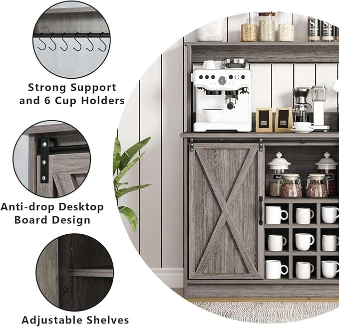 4ever2buy Farmhouse Coffee Bar Cabinet with Sliding Barn Doors, 50 Inch Coffee Bar Hutch with 6 Hooks and 9 Mug Rack, Hutch Cabinet with Storage for Living Room, Wash Grey