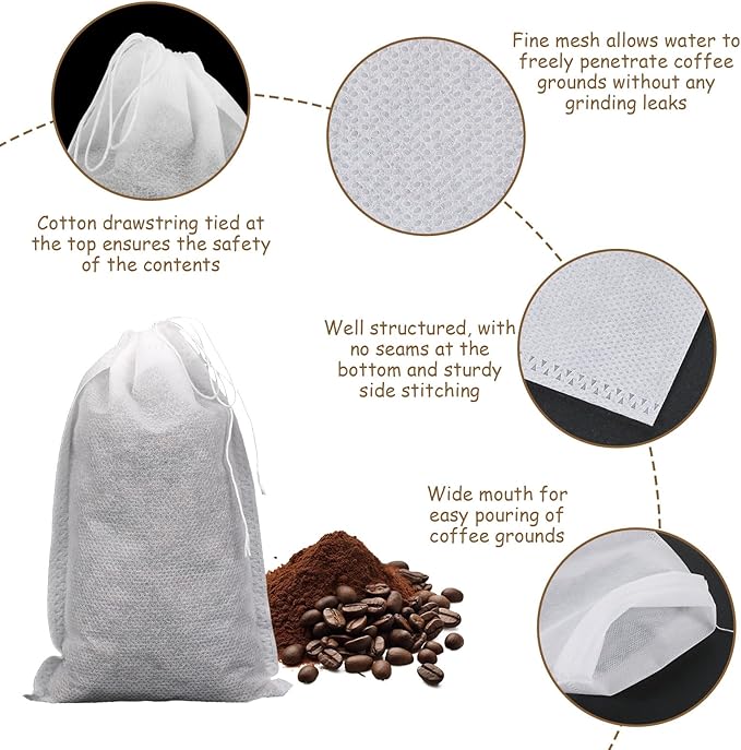50 Pcs No Mess Cold Brew Bags 6x10 inch Coffee Bags Disposable Filter Bag Brewing Fine Mesh Drawstring Pouches for Coffee Grounds Ice Tea Spice