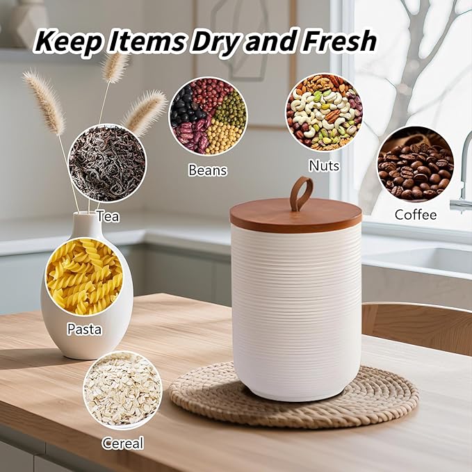 Food Storage Jar Strong Ceramic Storage Canisters with Airtight Wooden Lid,Kitchen Storage Containers for Serving Coffee Beans, Tea, Sugar, Salt, Spices (Medium white)