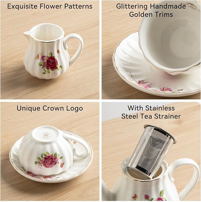 Porcelain Tea Sets British Royal Series, 8 OZ Cups & Saucer Service for 6, with Teapot Sugar Bowl Cream Pitcher Teaspoons and Tea Strainer, Suitable for High Tea, Wedding, Party (Midsummer Rose)