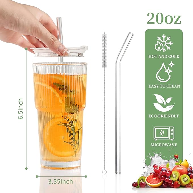 Glass Cups with Lids and Straws - 20oz Glass Tumbler with Straw and Lid, Premium Coffee Cups for Tea, Iced Coffee, Smoothie，Ideal Gift for Home, Office, 4pack