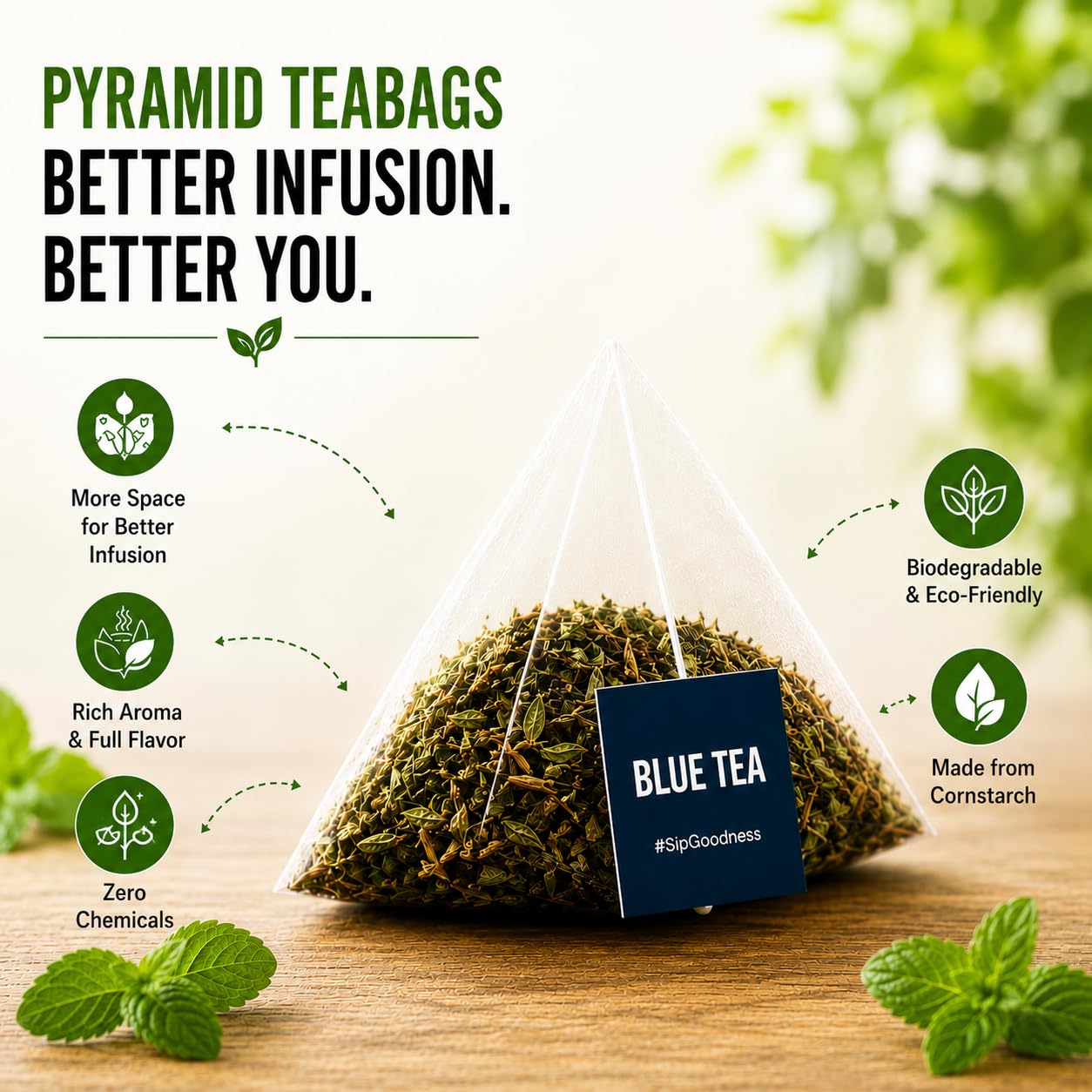 BLUE TEA - Spearmint Tea - 100 Count - Pyramid Plant Based Tea Bag | PCOS RELIEF | Balances Hormones - Support Digestion | Refreshing Flavour - Herbal Tea - Leaf Based - Caffeine free | Ziplock Pouch