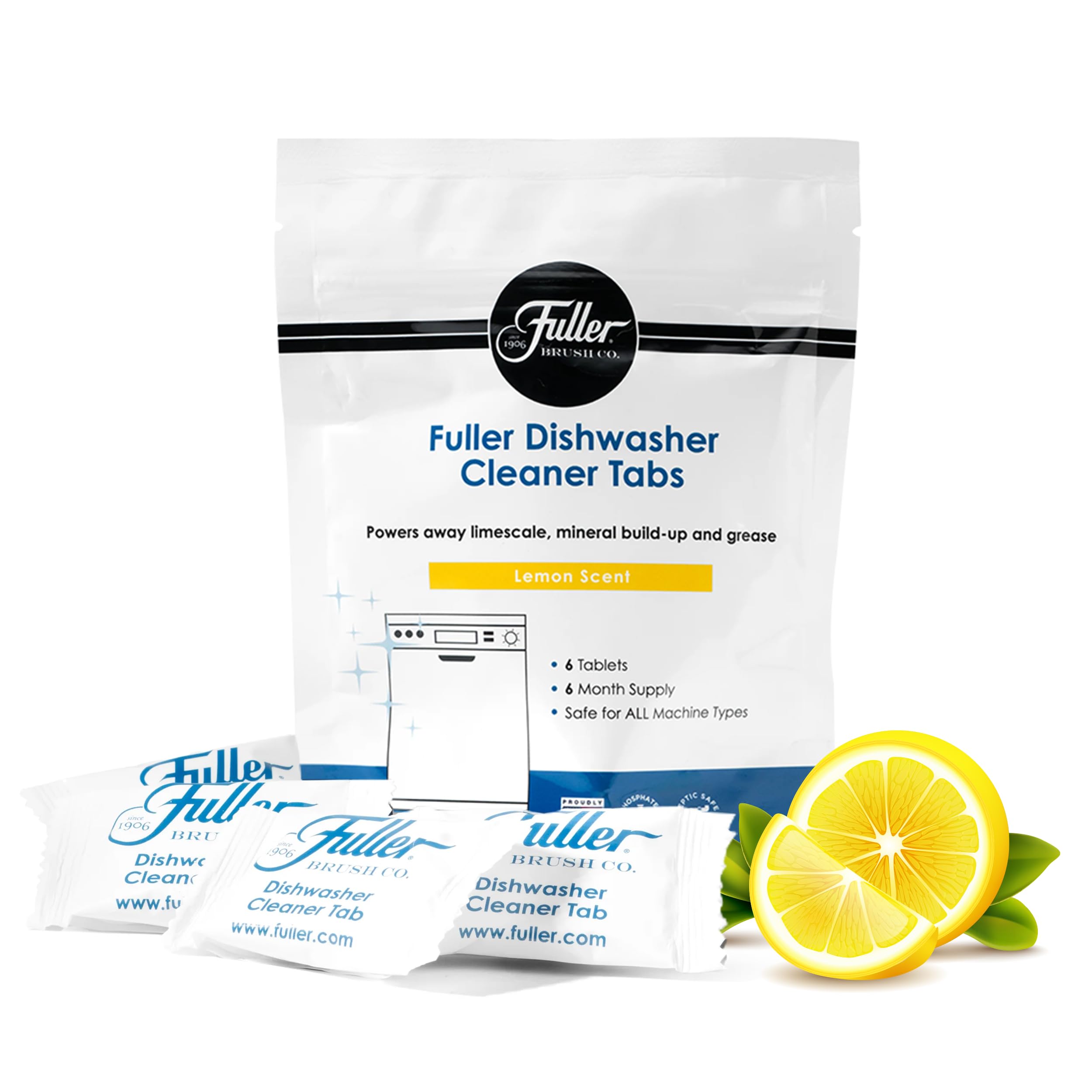 Fuller Dishwasher Cleaner Tabs – Lemon Scent – Eliminates Limescale, Grease & Odors – Septic Safe, Compatible with All Dishwasher Types – (Pack of 4)