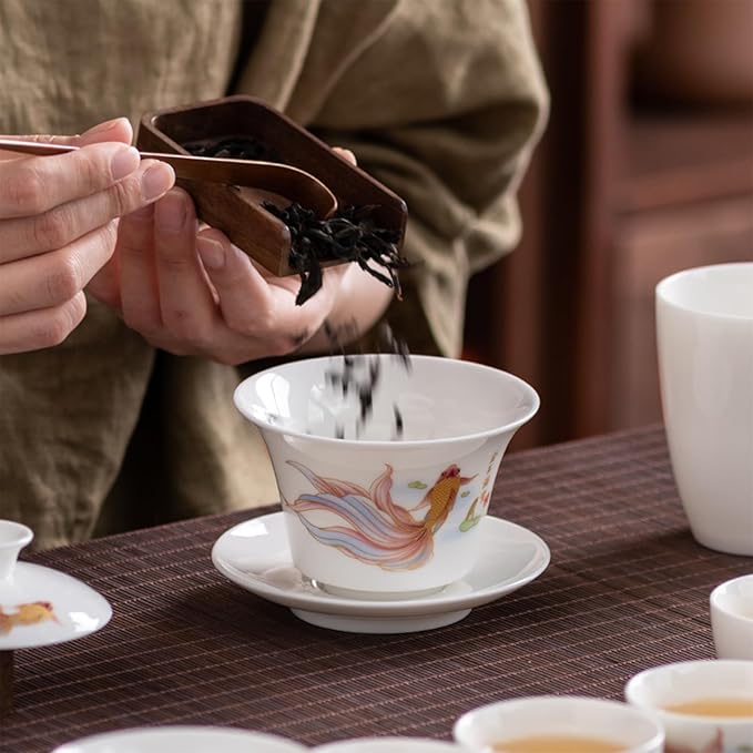 ICHAG Chinese Tea Set, Gongfu Tea Sets for Adults, China Gaiwan Teaset, 14-Piece Yangzhi Jade (茶具) Porcelain Set with Tea Pet, Portable Travel Teaset for Home, Outdoor, Office Gifts (White)