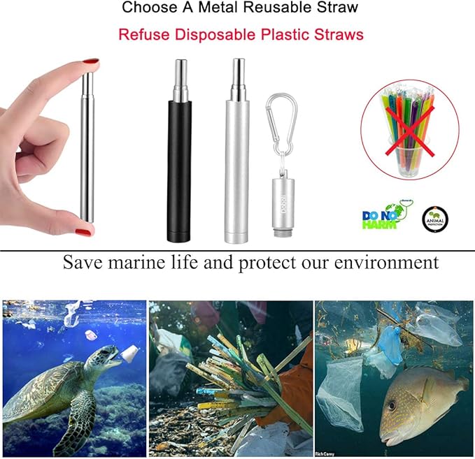 2 Pack Reusable Metal Straws Collapsible Stainless Steel Drinking Straw Travel Portable Telescopic Straw with Case,2 Cleaning Brushes Included Black/Silver