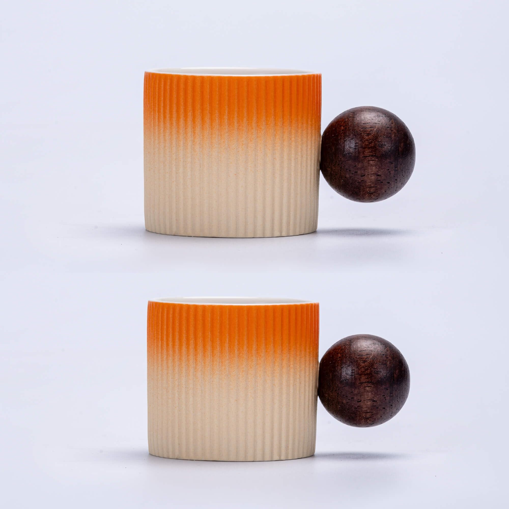 CLASGLAZ Ceramic Mini Espresso Cups Demitasse Cups with Round Wooden Handle Vertical Stripes Tea Cups (Beige&Orange, 2pcs)