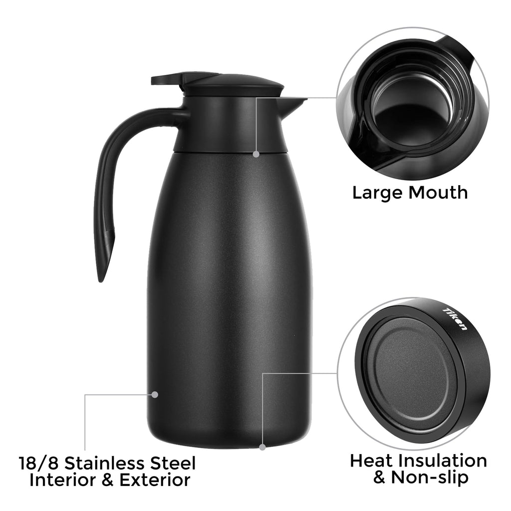 Tiken 85 Oz Thermal Coffee Carafe, Stainless Steel Insulated Vacuum Coffee Carafes For Keeping Hot, 2.5 Liter Beverage Dispenser (Black)