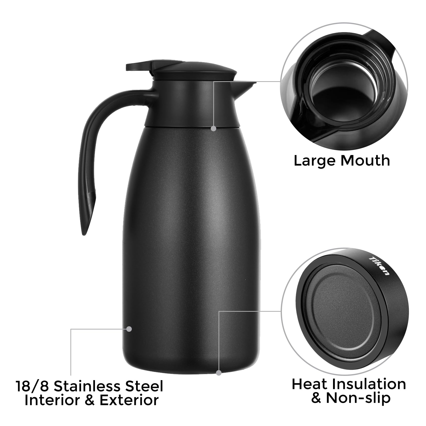 Tiken 85 Oz Thermal Coffee Carafe, Stainless Steel Insulated Vacuum Coffee Carafes For Keeping Hot, 2.5 Liter Beverage Dispenser (Black)
