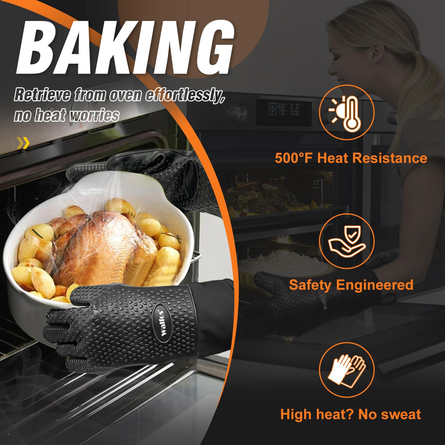 Walfos BBQ Gloves - 500°F Heat Resistant Grilling Gloves Set with Meat shredding Claws & Silicone Brush, Non-Slip Kitchen Silicone Oven Mitt, for Barbecue, Cooking, Baking, Cutting, Black