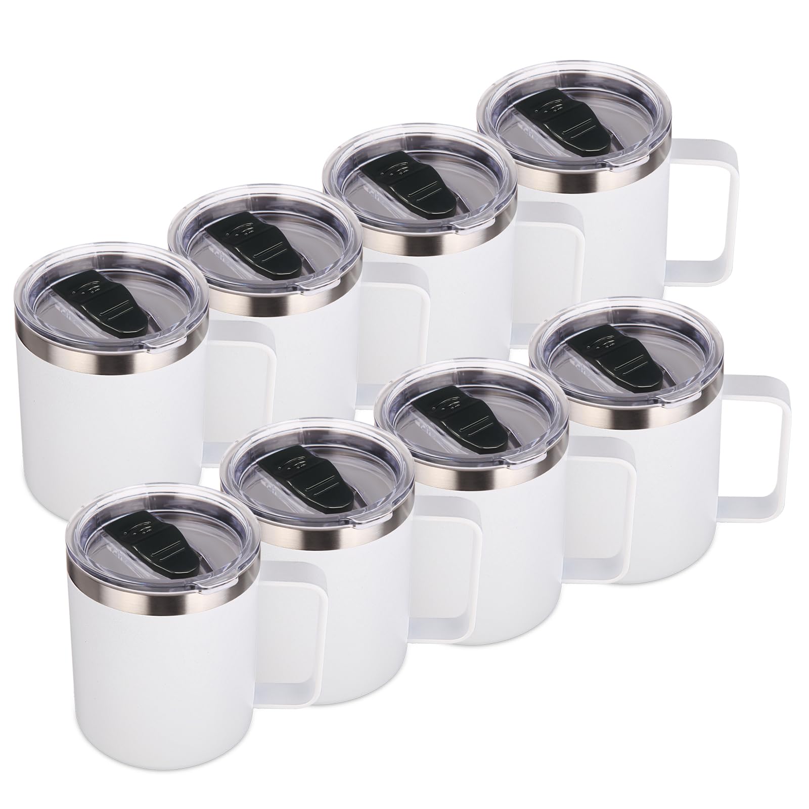 Volhoply 14oz Insulated Stainless Steel Coffee Mug with Lid Bulk 8 Pack,Not Suitable for Sublimation,Double Wall Vacuum Travel Coffee Cup with Handle, Reusable Metal Camping Mugs Keep Cold(White,8)