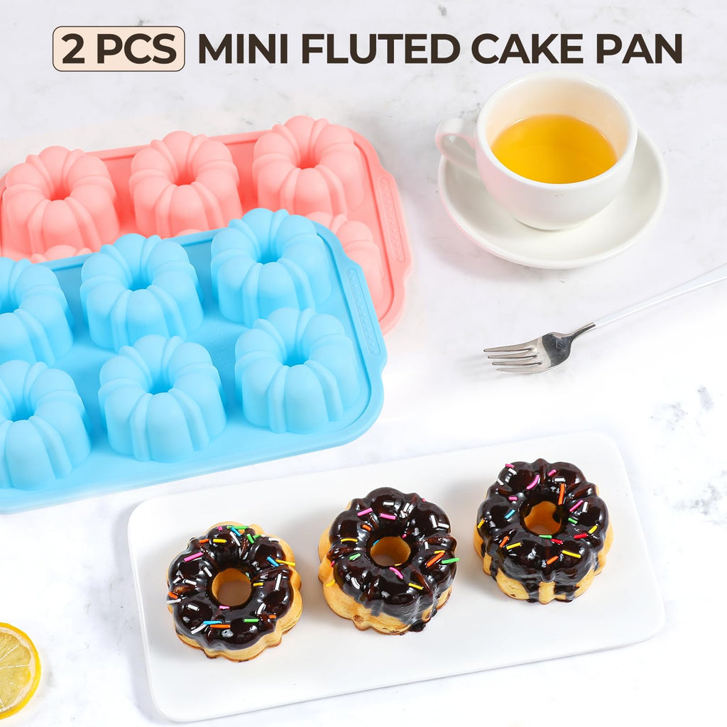 FUNBAKY Mini Fluted Tube Cake Pans for Baking with Metal Reinforced Frame, 2Pcs Silicone 6-Cavity Mini Flan Molds, Nonstick Baking Mold for Cupcake, Brownie, Donuts, Cornbread, Jello
