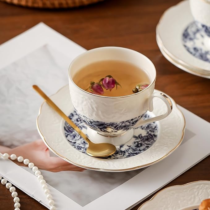 TATSUMI Interglio Embossed Bone China Tea Cup and Saucer Set, 3 Pieces Vintage Style Coffee Cup & Saucer Set For Women Wedding Gift (Starry Sky Rose, 1 set)