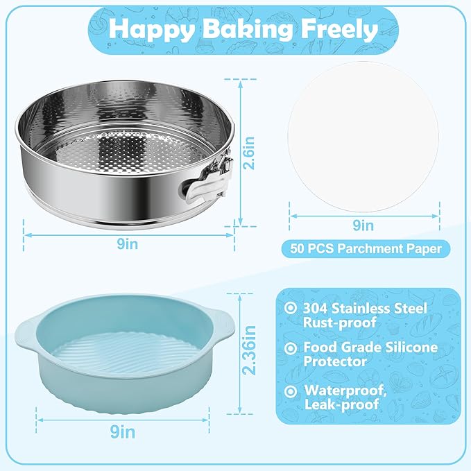9 Inch Springform Pan with Silicone Pan Protector, 304 Stainless Steel Nonstick Leakproof Springform Cake Pan with Removable Bottom with 50pcs Parchment Paper