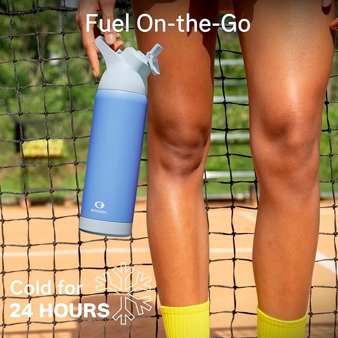 Insulated Water Bottle with Straw - Encool Stainless Steel Water Bottle, Reusable Leakproof and BPA-Free for Sports, Travel, Cold for 24 Hours, 24 oz, Ocean