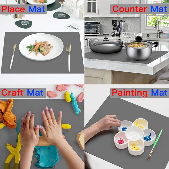 Silicone Mats for Kitchen Counter 23.6" x15.7"x0.08”, Heat Resistant Mat, Kitchen Island Silicone Countertop Protector Mat, 2MM Thick Nonslip Baking Mats, Washable Dining Table Mats, Dark Gray
