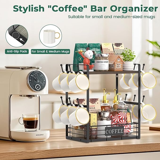 EsLuker.ly Coffee Mug Cup Holder Stand Bar Station Organizer for Countertop, Multi-Functional 2 Tier Mug Tree Rack for Kitchen, Storage Shelf with 12 Hooks, Brown-Black(Patented Design)