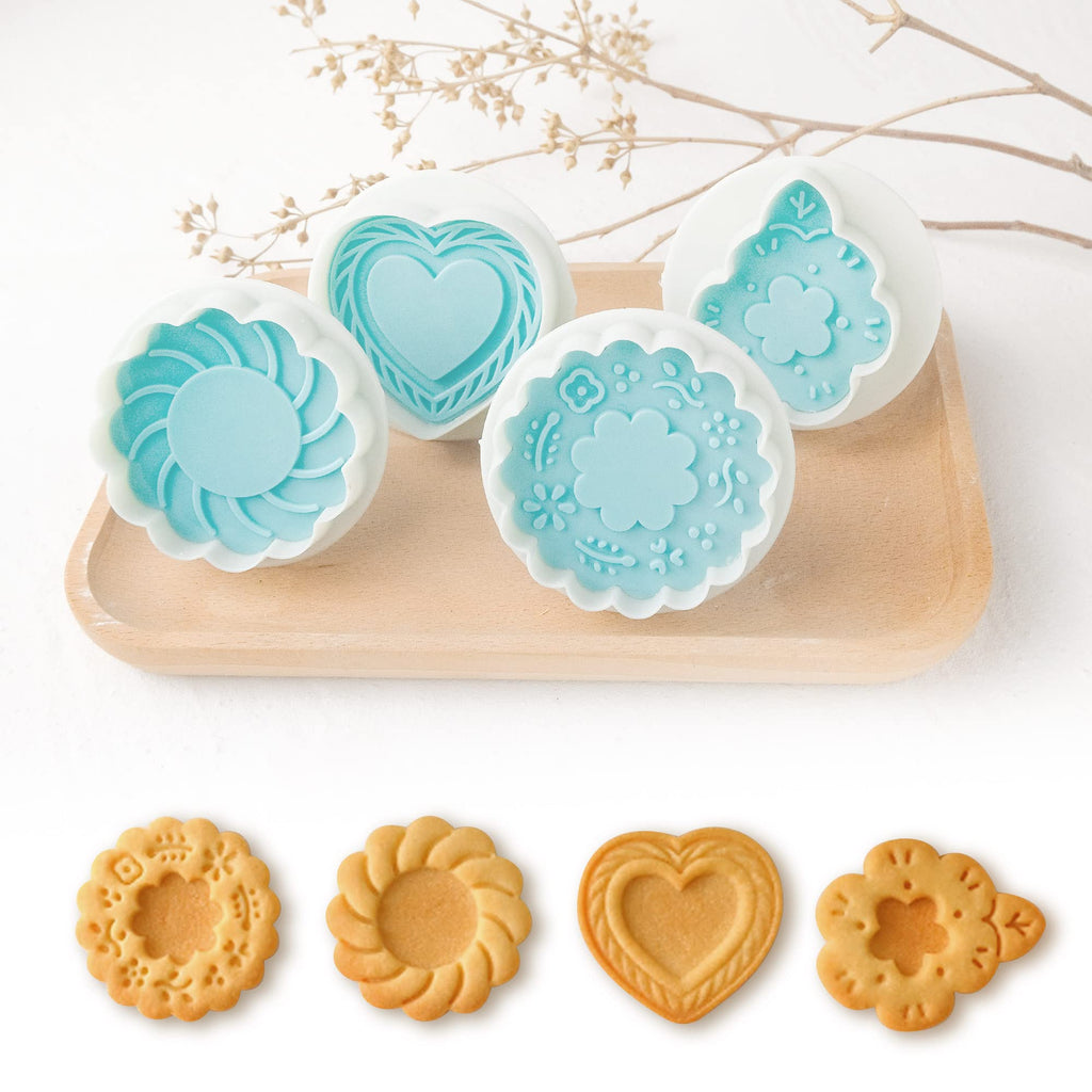 PTSGCAI Cookie Stamps for Baking, 4-Pcs Set with Wooden Handle, 3D Cookie Press Molds for Christmas, Holiday & Party, Perfect for Shortbread, Fondant & Cake Decoration - Flower & Leaf Patterns
