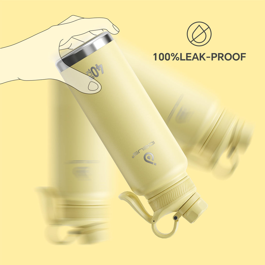 IDEUS 40oz Stainless Insulated Bottle with 2 Leak-Proof Lids, Light Yellow