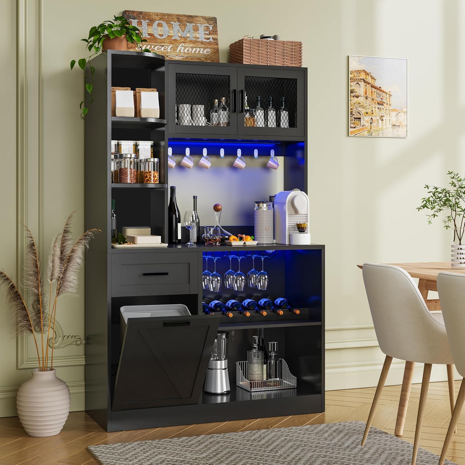 DynJest 67.3" Tall Modern Black Kitchen Pantry Storage Cabinet with Drawer and Shelves, Tilt Out Trash Can, Coffee Bar Wine Cabinet with LED Lights and Power Outlet, Wine Glass Rack, 2 Mesh Doors