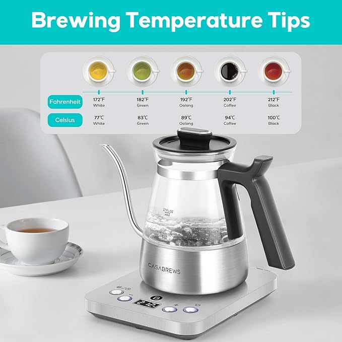 CASABREWS KEG5831 Gooseneck Electric Kettle, Stainless Steel Glass with Temperature Control & Reservation Time Function, Pour Over Kettle for Coffee & Tea, Fast Boiling, Auto Shut-Off, 1200W/0.8L