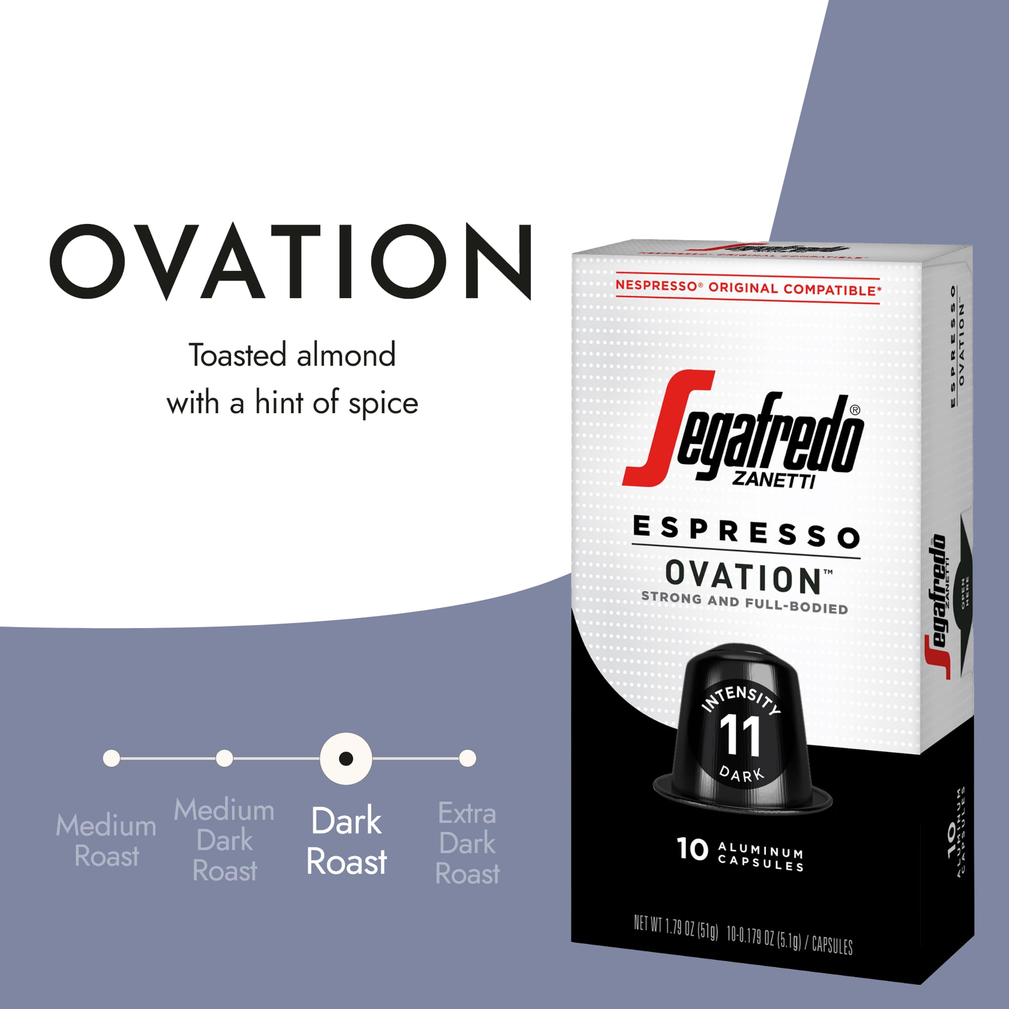 Segafredo Zanetti Espresso Capsules – Aluminum Pods for Nespresso Original Machines – Dark Roast Premium Espresso with a Full-Bodied Aroma – Strong, Intensity 11 – Ovation, 10 Count (Pack of 4)
