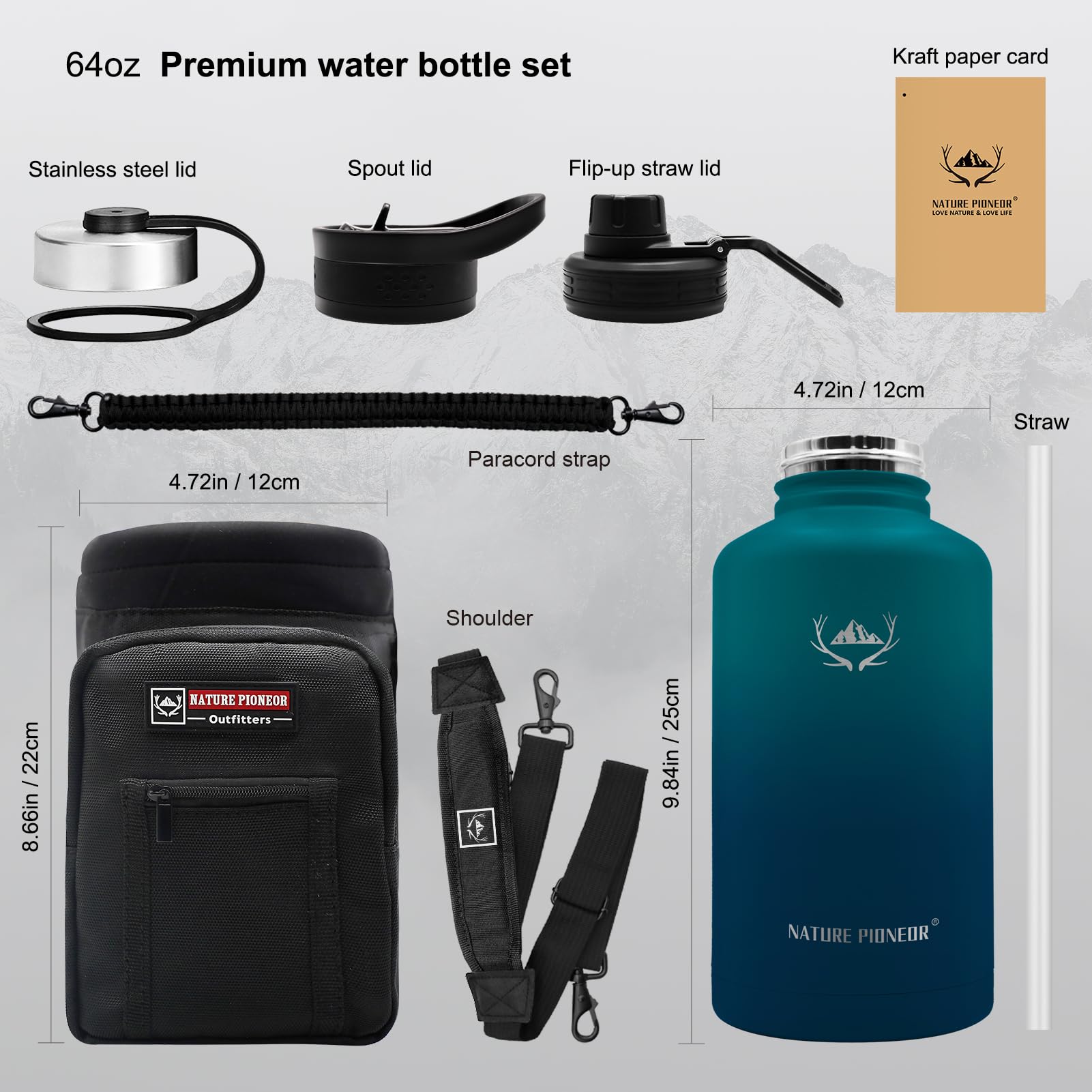 NATURE PIONEOR 64 oz Insulated Water Bottle with Carrier Bag & 3 Lids