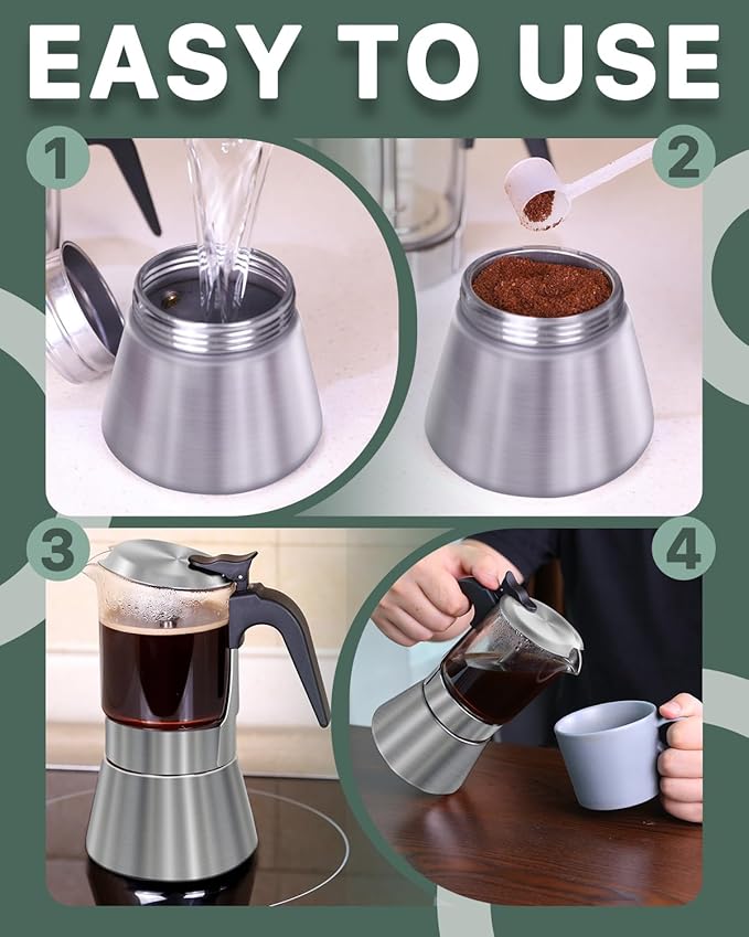 Grasseed Stainless Steel Moka Pot, Crystal Glass-top Coffee Maker Mocha Pot, Italian Stovetop Espresso Maker for Coffee - 6 Cup/240ml