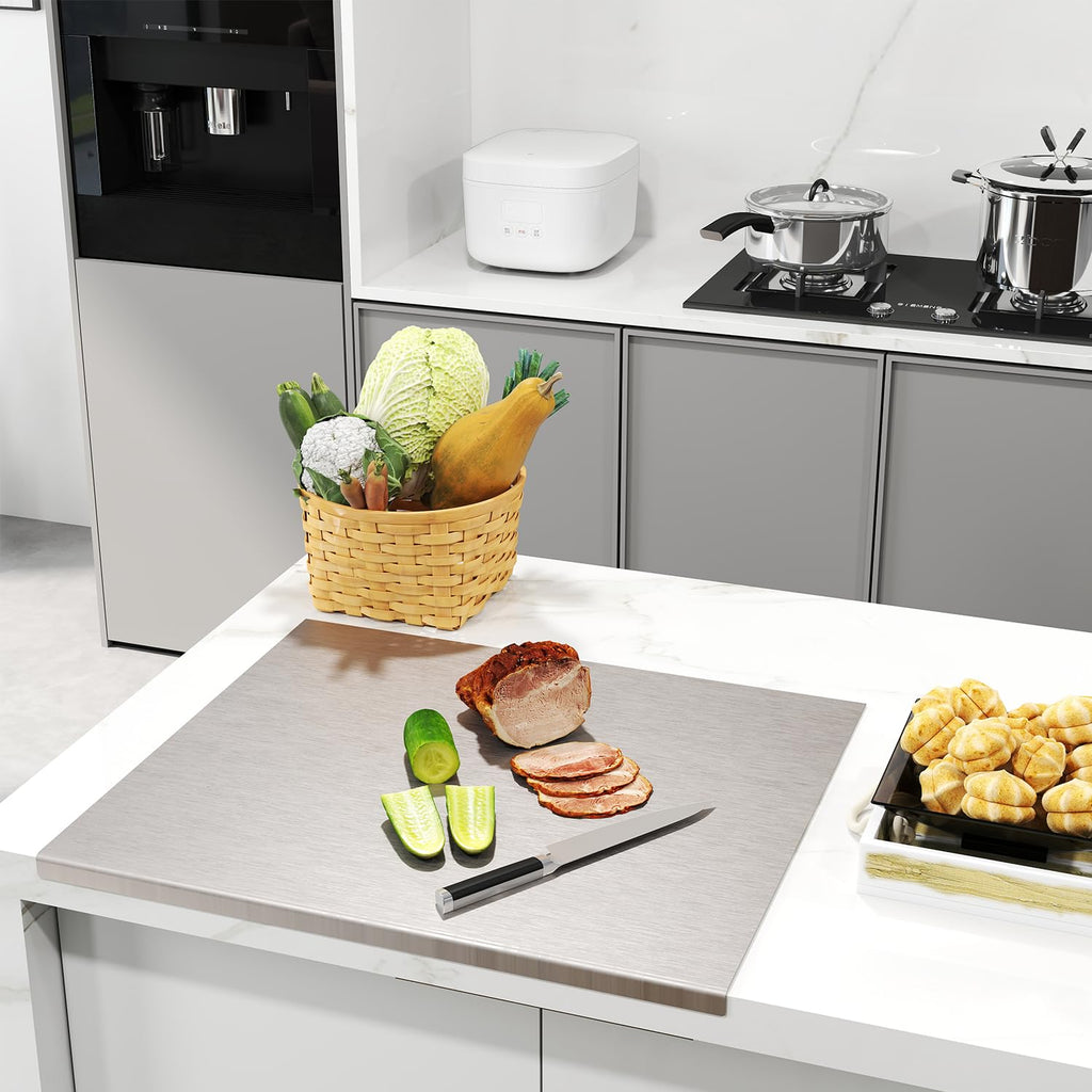 Stainless Cutting Boards for Kitchen, Chopping Board with Lip & Rolling Pin