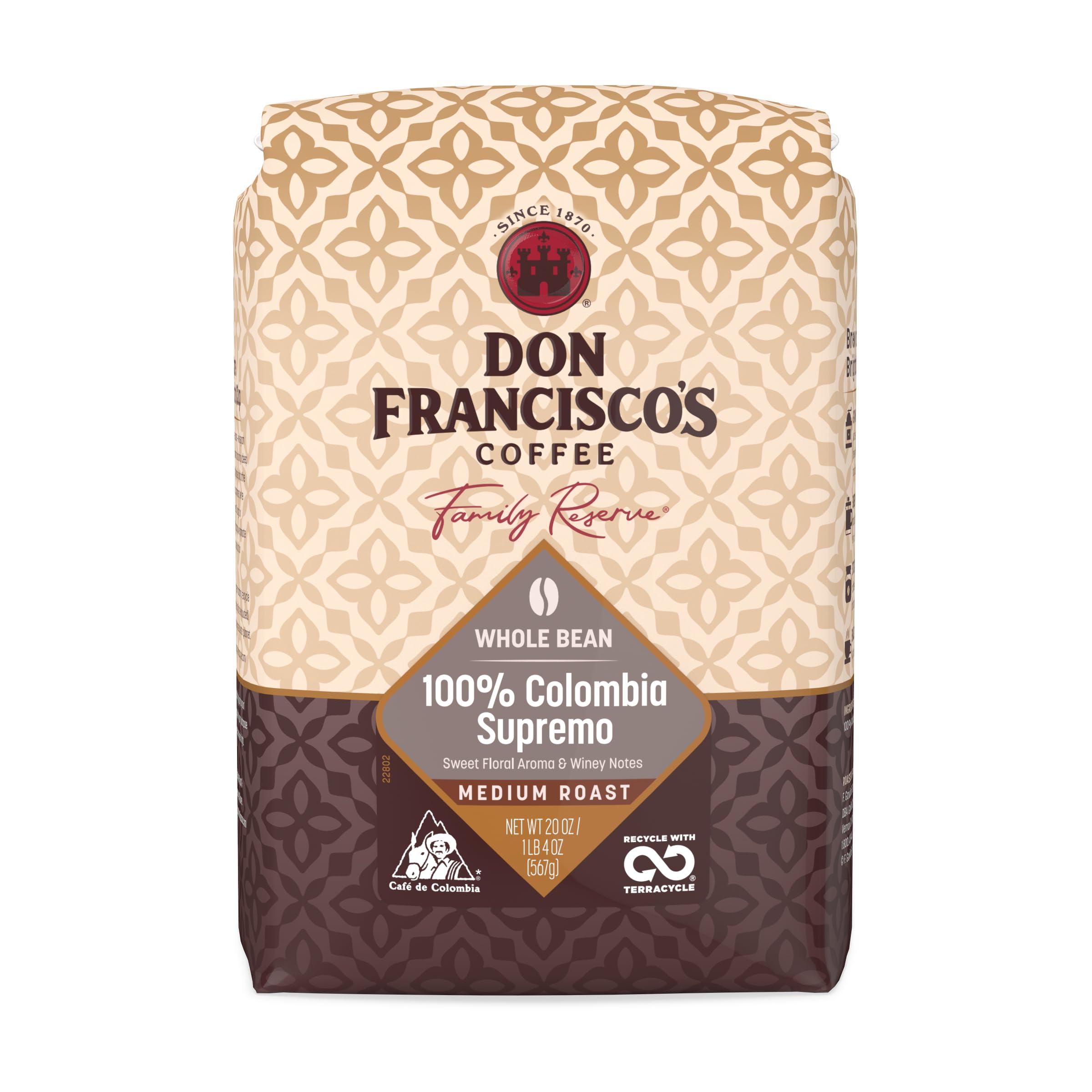 Don Francisco's 100% Colombia Supremo Whole Bean, Medium Roast, 20 OZ Bag
