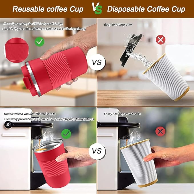 YINBAOGE Insulated Travel Coffee Mug Spill Proof Leak Proof Pobtable To Go Camping Stainless Steel Coffee Tumbler Reusable Coffee Cups with Lids Thermos for Hot and Cold Drink (Red, 12 OZ)