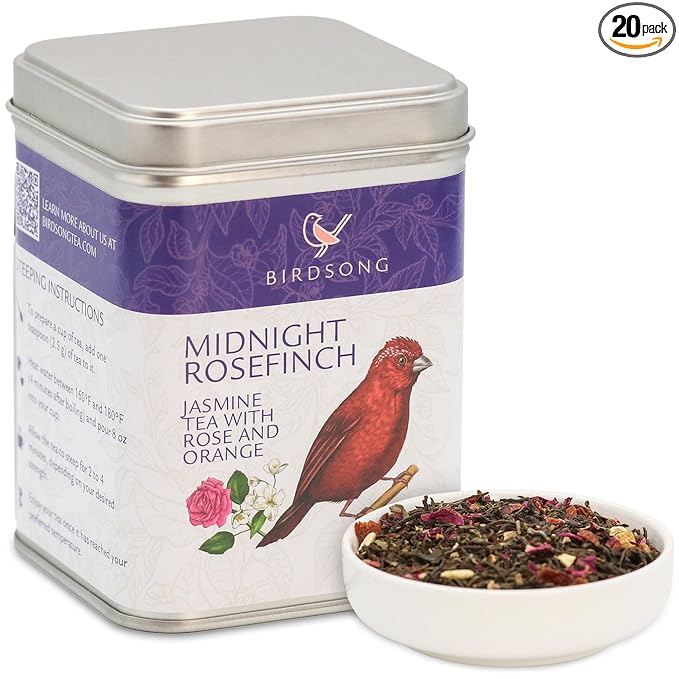Birdsong Midnight Rosefinch: Organic Jasmine Green Tea with Rose and Orange, Light, Refreshing, Soothin Natural Tea with Citrus and Honey Notes, Medium Caffeine, 15 Pyramid Tea Sachets