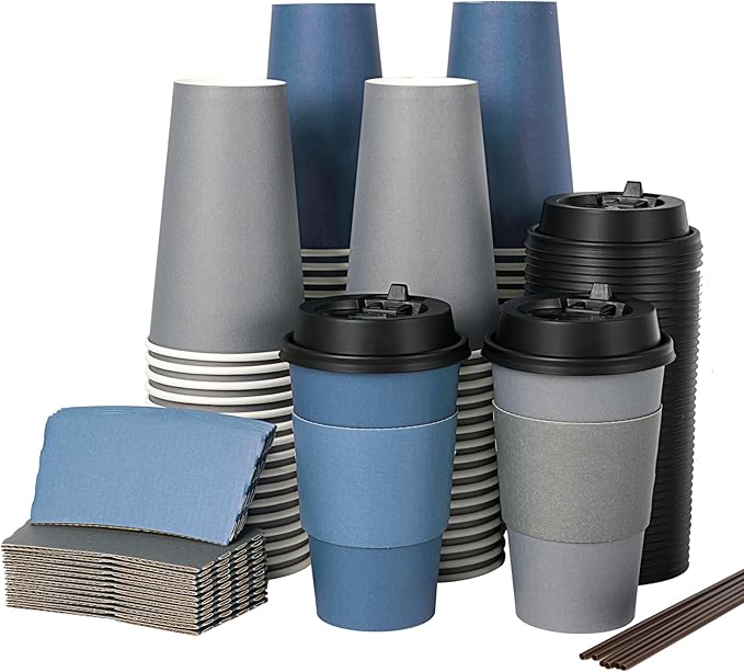LITOPAK 100 Pack 16 oz Disposable Coffee Cups with Lid, Sleeve, Stirrers