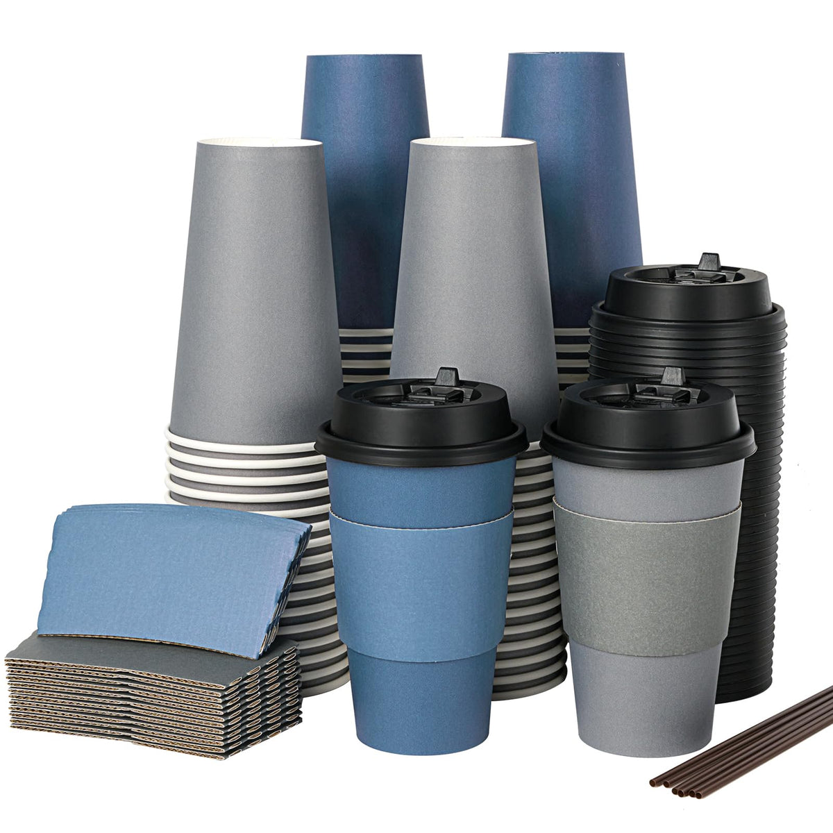 LITOPAK 100 Pack 16 oz Disposable Coffee Cups with Lid, Sleeve, Stirrers