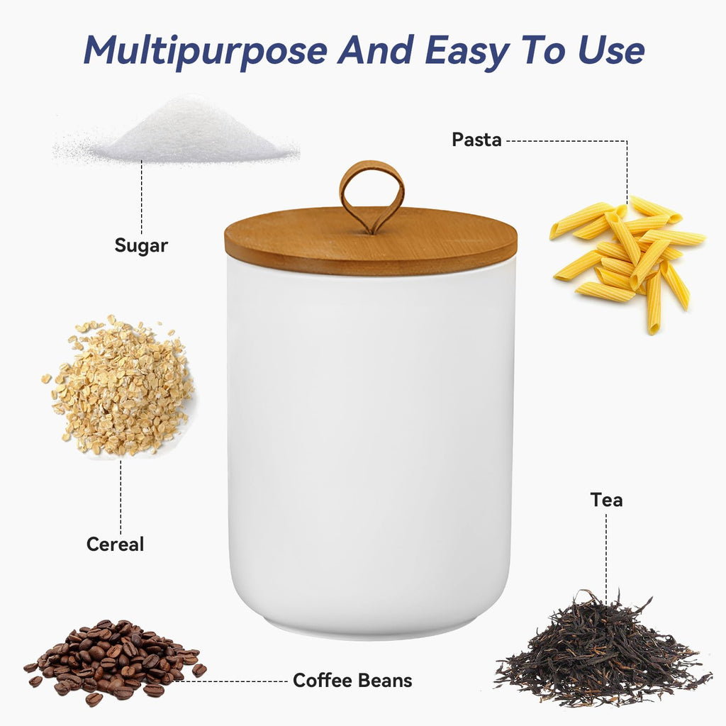Jueison Ceramic Storage Jars, Modern Airtight Canisters with Wooden Lid (White)