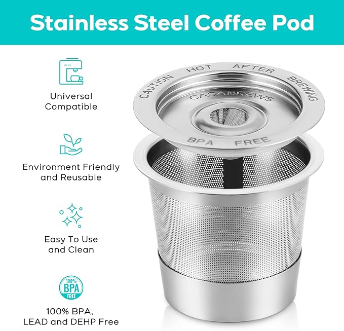 CASABREWS CASKF02 Reusable K Cup Filters, 2 Pack Stainless Steel Refillable Coffee Pods for Keurig 1.0 Brewers, Universal Fit, Eco-Friendly & BPA-Free