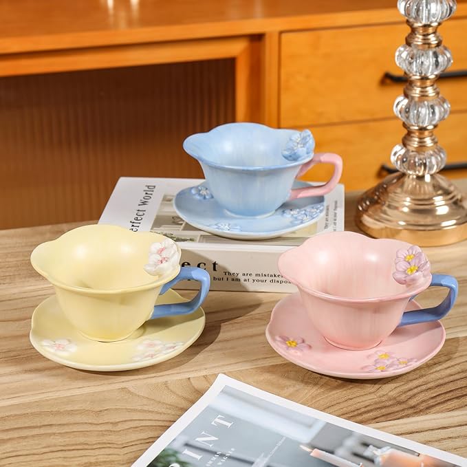 Floral Tea Cups and Saucers, Ceramic Cute Coffee Mug for Women Tea Party, Cappuccino Latte Milk (Pink)