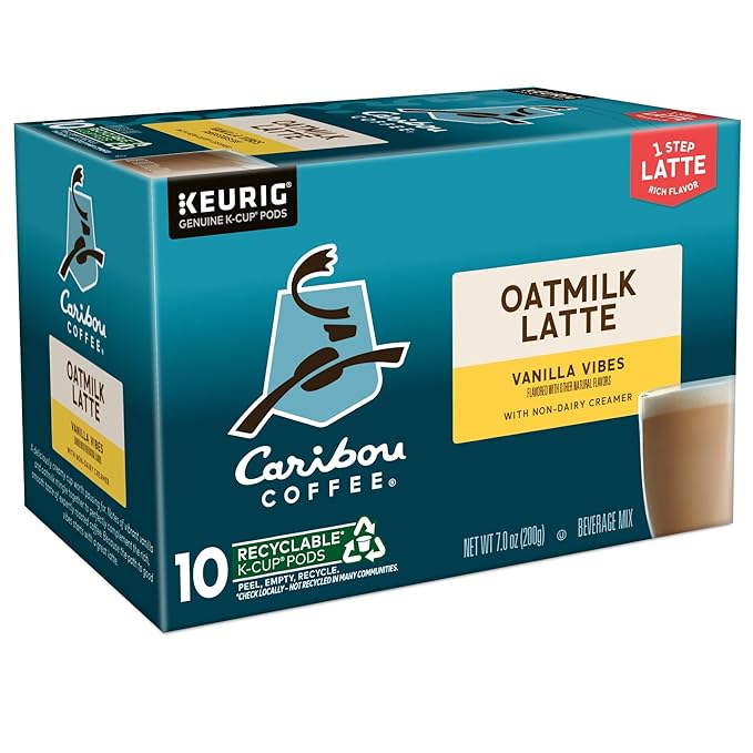 Caribou Coffee Vanilla Vibes Oatmilk Latte, One Step Latte Single Serve Keurig K-Cup Pods, 60 Count (6 Packs of 10)