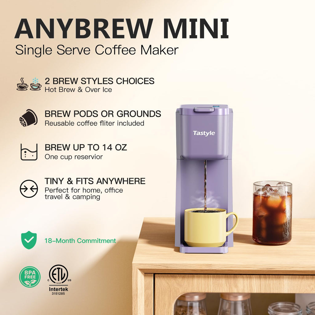 Tastyle Mini Single Serve Hot and Iced Coffee Maker for K Cup and Ground