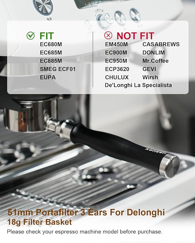 51mm Bottomless Portafilter 3 Ears Compatible with Delonghi Dedica EC680/EC685/EC885 and SMEG, EUPA Espresso Machines, Espresso Naked Bottomless Portafilter with Puck Screen and 18g Filter Basket