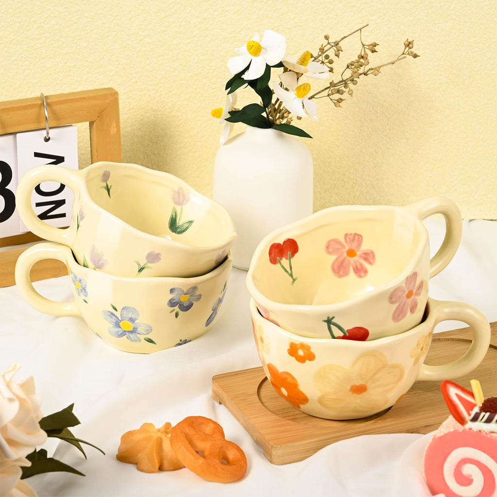 MAKCNMYM Ceramic Coffee Mug Vintage Flower Mugs 8 oz Cute Floral Coffee Mugs Irregular Latte Art Cup Lead-free Porcelain Cups for Cappuccino, Cocoa (4 Pack)